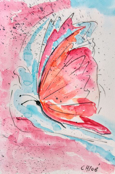 Peinture intitulée "* Chloé Papillon *" par Patrice Le Gall, Œuvre d'art originale, Aquarelle