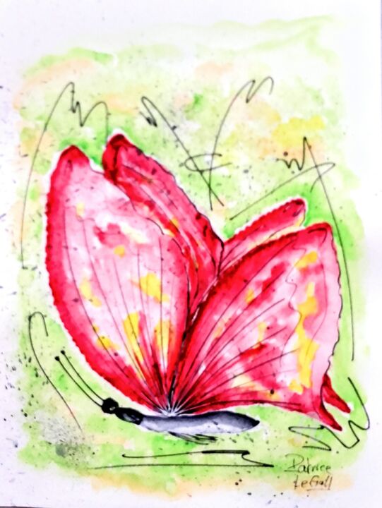 Painting titled "** Le Papillon Gour…" by Patrice Le Gall, Original Artwork, Watercolor