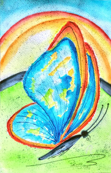 Painting titled "* Le Papillon Brési…" by Patrice Le Gall, Original Artwork, Watercolor