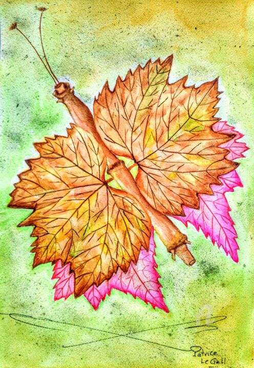 Painting titled "Papillon Feuilles d…" by Patrice Le Gall, Original Artwork, Watercolor
