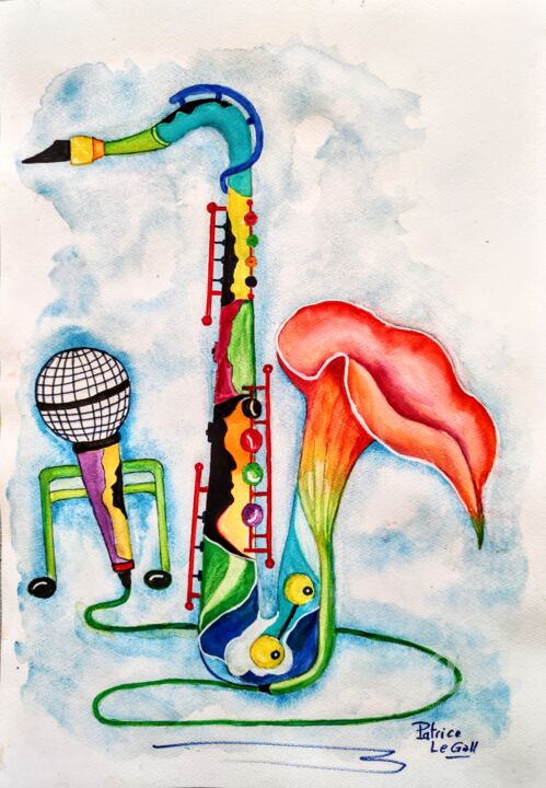 Painting titled "Le Saxo Fleuri" by Patrice Le Gall, Original Artwork, Watercolor