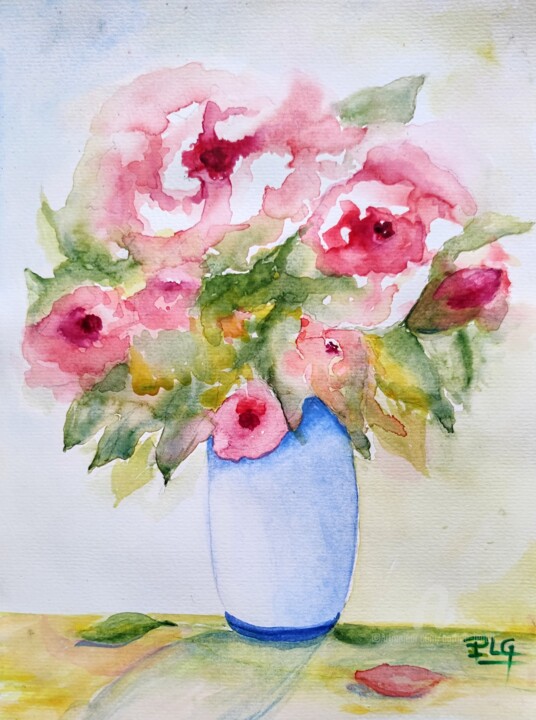 Malerei mit dem Titel "Les Roses de Marie" von Patrice Le Gall, Original-Kunstwerk, Aquarell