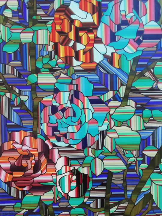Collages intitulée "LES 5 ROSES" par Patrice Maestri, Œuvre d'art originale, Collages Monté sur Panneau de bois