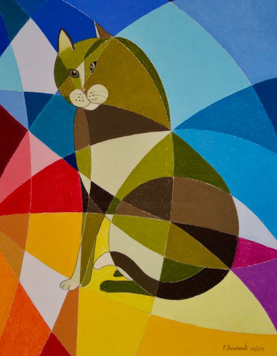 Painting titled "Chatte cubiste" by Patrice Preveirault, Original Artwork, Pastel