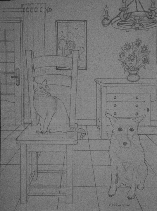 Dessin intitulée "Chat perché (l'esqu…" par Patrice Preveirault, Œuvre d'art originale, Crayon