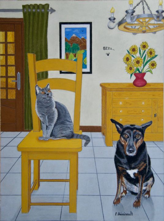 Drawing titled "Chat perché (le pas…" by Patrice Preveirault, Original Art, Pastel