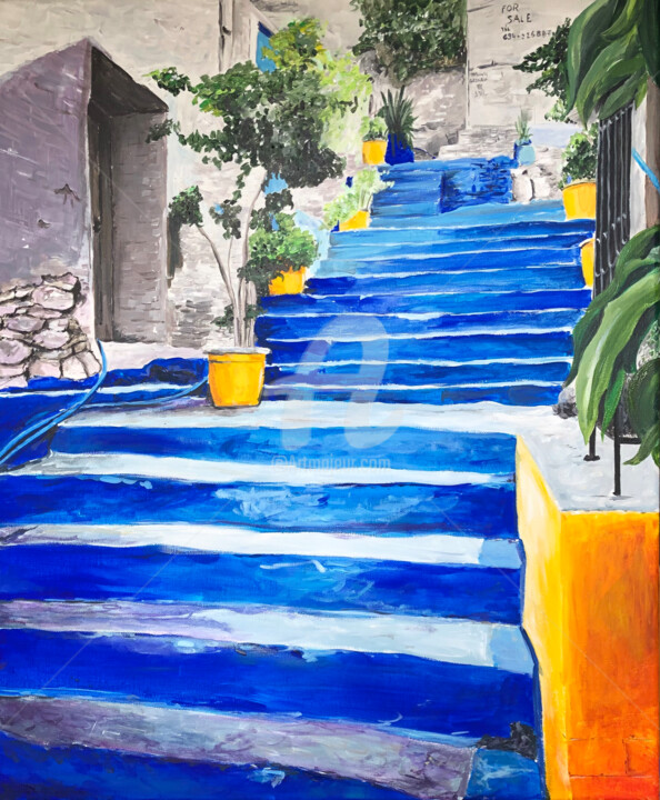 Malerei mit dem Titel "L'escalier bleu de…" von Patrice Behra, Original-Kunstwerk, Acryl Auf Keilrahmen aus Holz montiert