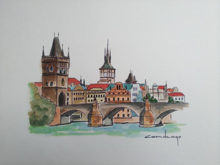 Drawing titled "Le pont Charles" by Patrice Candeago, Original Artwork, Oil