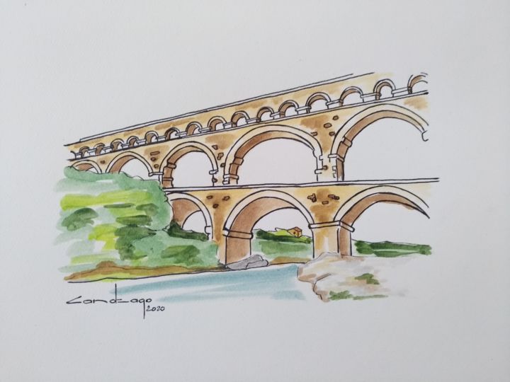 Dessin intitulée "Le pont du Gard" par Patrice Candeago, Œuvre d'art originale, Huile