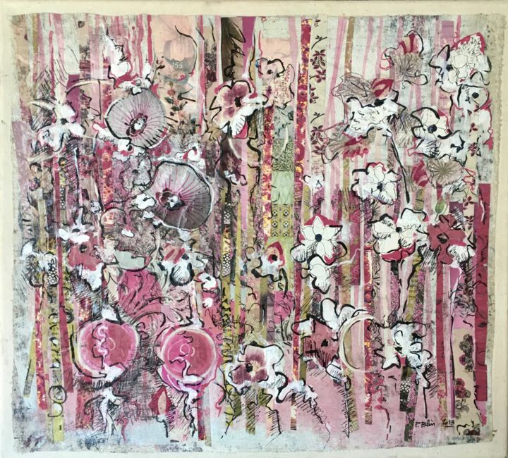 Collagen mit dem Titel "PRAIRIE ROSE" von Patricia Blin, Original-Kunstwerk, Acryl Auf Keilrahmen aus Holz montiert