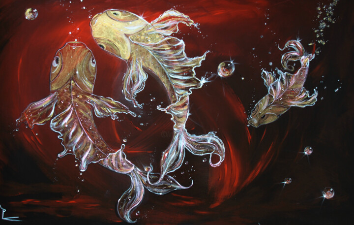 Painting titled "poissons d'or" by Patricia Blondel, Original Artwork, Acrylic Mounted on Wood Stretcher frame