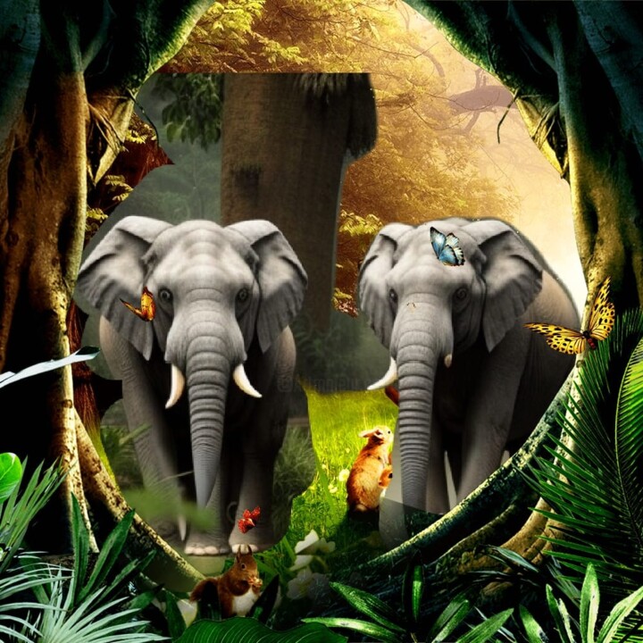 Digital Arts titled "Elefantes en la sel…" by Patricia Brown (Artedibujopbrown), Original Artwork, AI generated image
