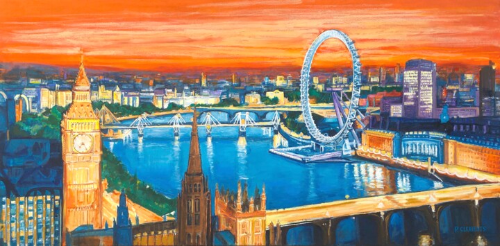 Painting titled "London Panoramic vi…" by Patricia Clements Art, Original Artwork, Oil Mounted on Wood Stretcher frame