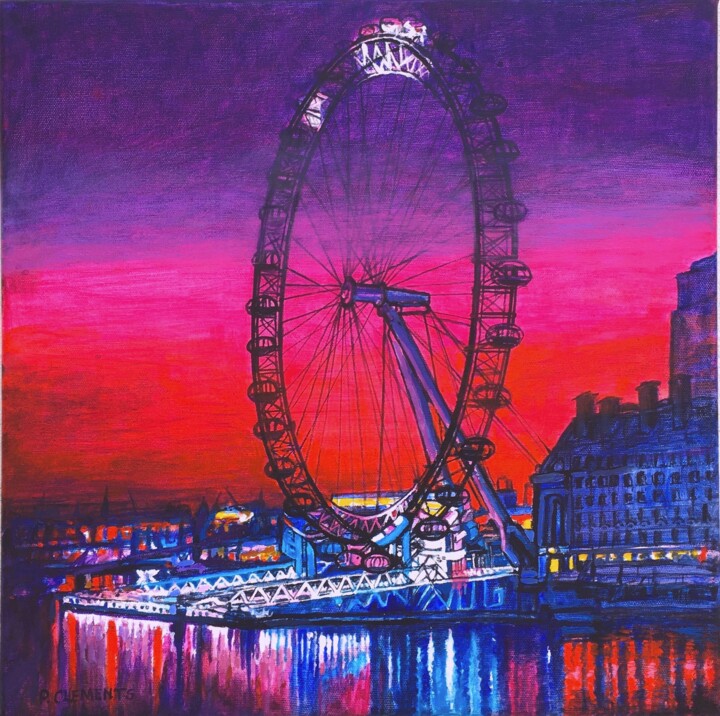 Painting titled "The Wheel London Ci…" by Patricia Clements Art, Original Artwork, Acrylic Mounted on Wood Stretcher frame