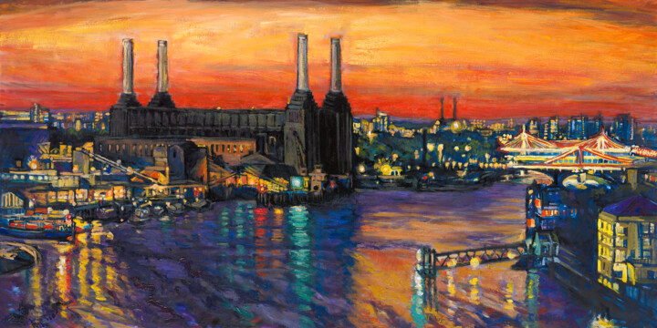 Painting titled "Battersea Power Sta…" by Patricia Clements Art, Original Artwork, Oil Mounted on Wood Stretcher frame