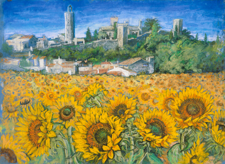 Painting titled "Sunflower fields a…" by Patricia Clements Art, Original Artwork, Pastel Mounted on Cardboard