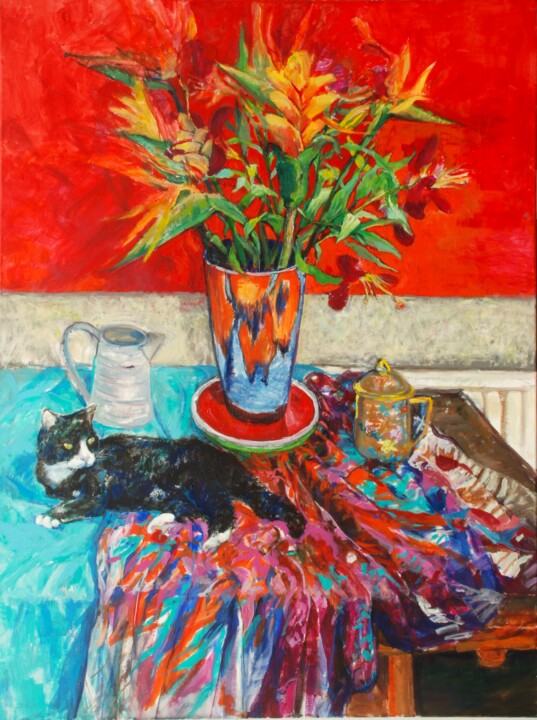 Painting titled "Cat with Bird of Pa…" by Patricia Clements Art, Original Artwork, Oil