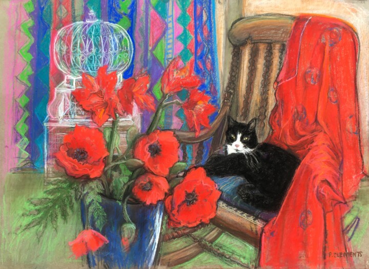 Drawing titled "Black Cat with Popp…" by Patricia Clements Art, Original Artwork, Pastel