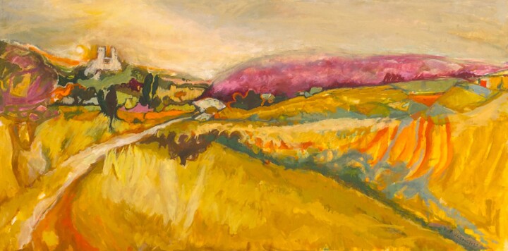 Painting titled "CORFE CASTLE IN DOR…" by Patricia Clements Art, Original Artwork, Oil Mounted on Wood Stretcher frame