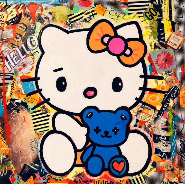 Painting titled "Hello ! Kitty !" by Patricia Ducept (Art'Mony), Original Artwork, Collages