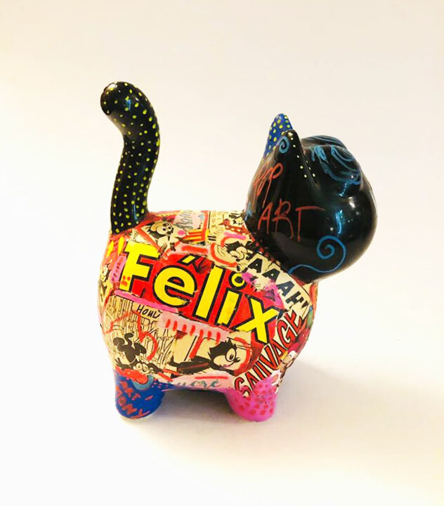 Sculpture titled "POP FELIX CAT" by Patricia Ducept (Art'Mony), Original Artwork, Collages