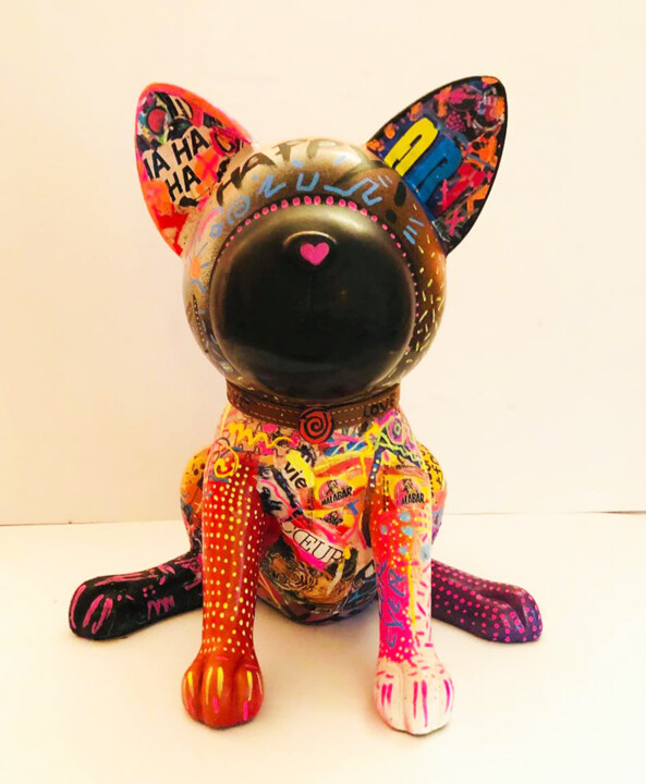 Sculpture titled "HAPPY LOVE DOG" by Patricia Ducept (Art'Mony), Original Artwork, Collages