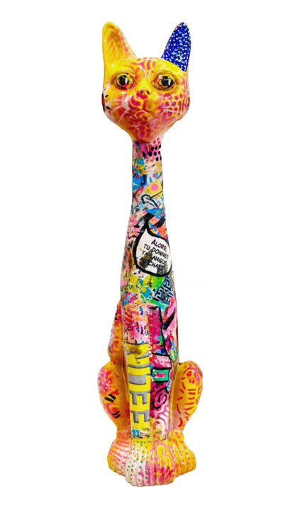 "Chat Pop Art" başlıklı Heykel Patricia Ducept (Art'Mony) tarafından, Orijinal sanat, Rezine