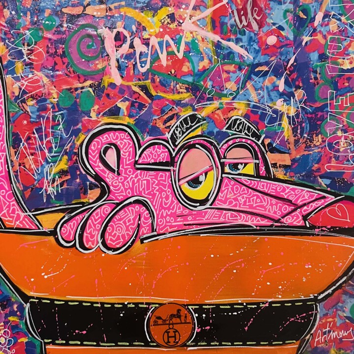 Painting titled "Pink Panther Hermès" by Patricia Ducept (Art'Mony), Original Artwork, Acrylic