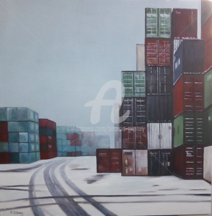 Painting titled "Conteneurs du port…" by Patricia Gitenay, Original Artwork, Oil