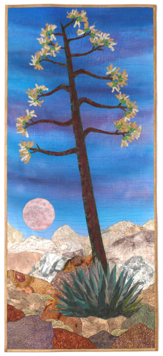Sztuka tkaniny zatytułowany „Agave Moonrise” autorstwa Patricia Gould, Oryginalna praca, Tkanina Zamontowany na Inny sztywny…