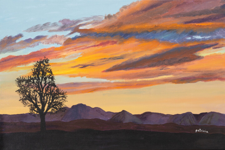 Schilderij getiteld "Valley Sunset" door Patricia Gould, Origineel Kunstwerk, Acryl Gemonteerd op Frame voor houten brancard