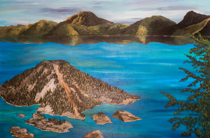 Painting titled "Wizard Island" by Patricia Gould, Original Artwork, Acrylic Mounted on Wood Stretcher frame