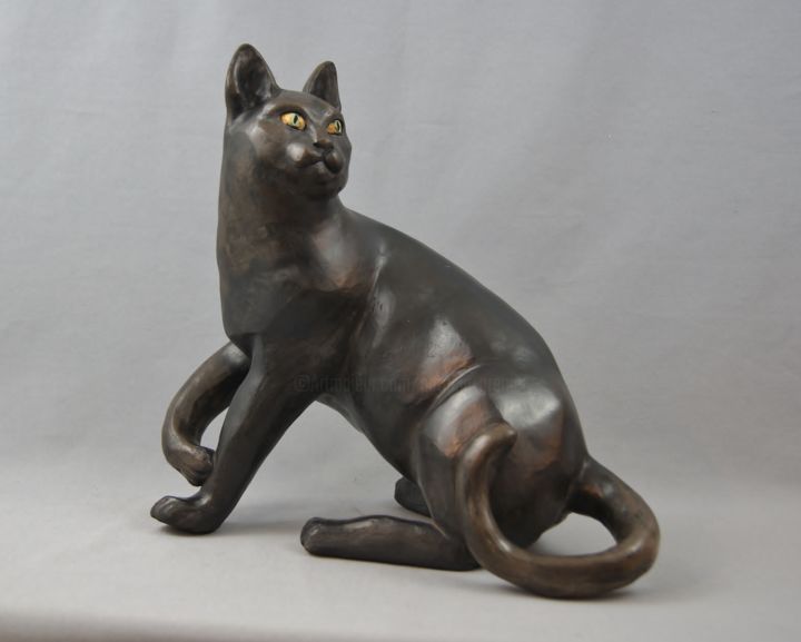 Sculpture titled "chat noir" by Patricia Grenier, Original Artwork, Ceramics