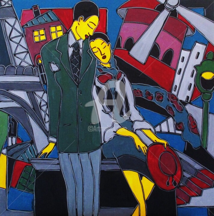 Painting titled "Couple d'amoureux à…" by Patricia Kleyman, Original Artwork