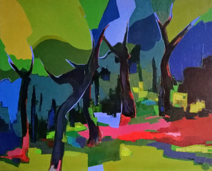 Malerei mit dem Titel "La forêt magique" von Patricia Le Berre, Original-Kunstwerk, Öl