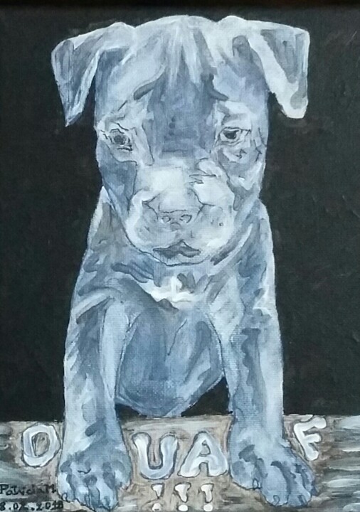 Painting titled "Staffy" by Patricia M. Le Démon Du Crayon, Original Artwork, Acrylic Mounted on Wood Stretcher frame