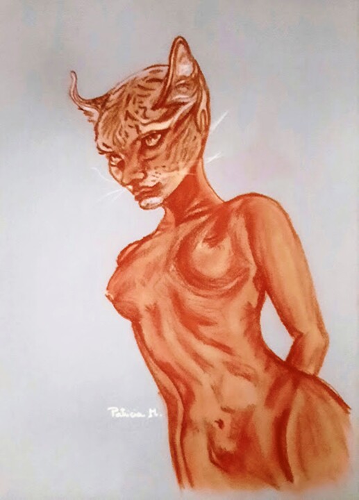Desenho intitulada "Féline 2" por Patricia M. Le Démon Du Crayon, Obras de arte originais, Pastel