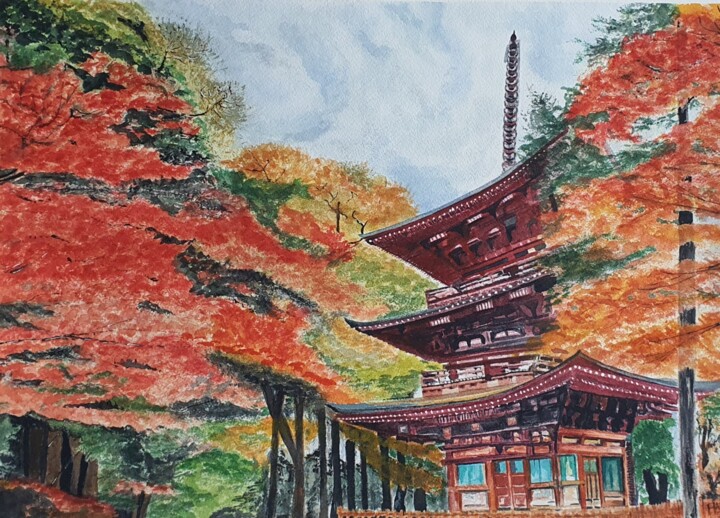Painting titled "Temple de Kobe" by Patricia Martinez-Quirce, Original Artwork, Watercolor
