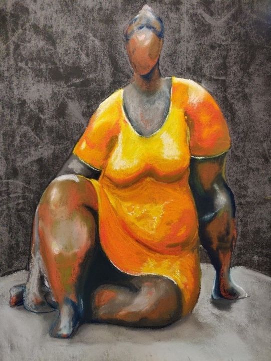 Dessin intitulée "femme à la robe jau…" par Patricia Menadier, Œuvre d'art originale, Pastel