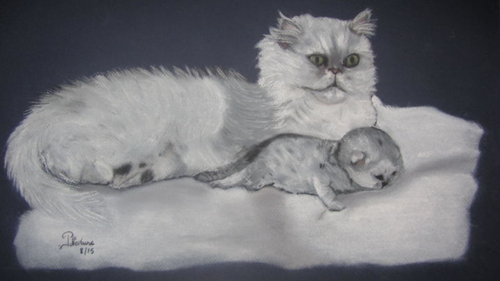 Dibujo titulada "chats: Maman et fil…" por Patricia Neveux, Obra de arte original, Pastel
