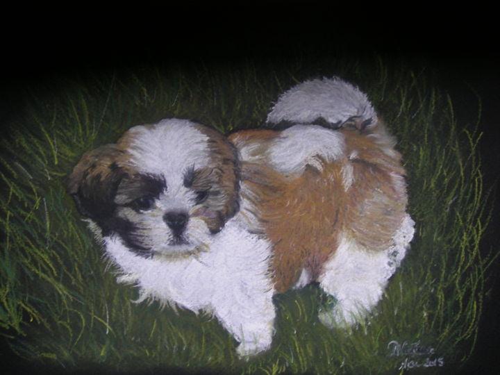 Dessin intitulée "petit chien offert…" par Patricia Neveux, Œuvre d'art originale, Pastel