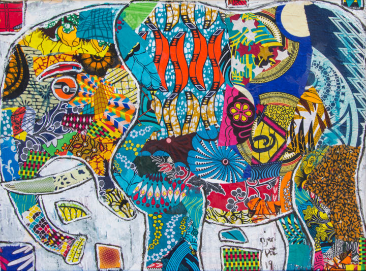 Textilkunst mit dem Titel "One Elephant" von Patricia Njeri, Original-Kunstwerk, Stoff