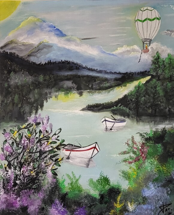 Painting titled "Voyage en ballon" by Patricia Poulot, Original Artwork, Acrylic Mounted on Wood Stretcher frame