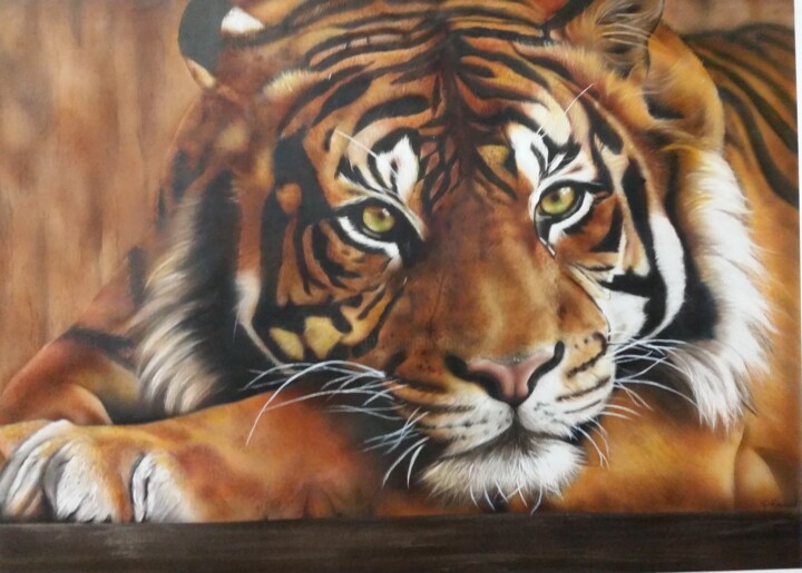 Painting titled "Tigre" by P.Renaud, Original Artwork, Airbrush Mounted on Wood Stretcher frame