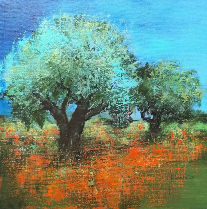 Painting titled "Coquelicots et oliv…" by Patricia Ritschard, Original Artwork, Acrylic Mounted on Wood Stretcher frame