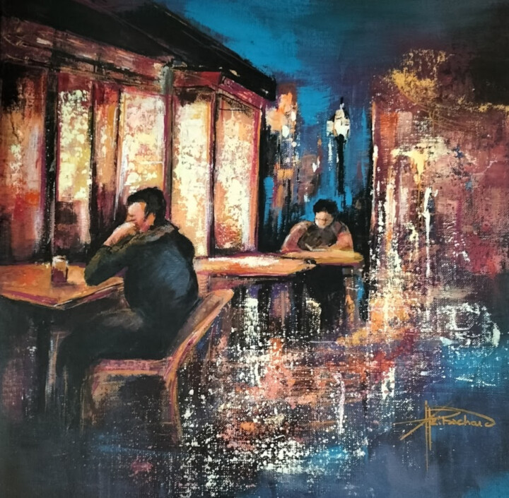 Painting titled "Au bistrot" by Patricia Ritschard, Original Artwork, Acrylic Mounted on Wood Stretcher frame