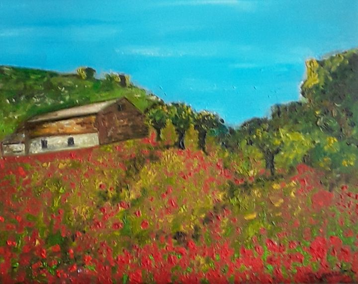 Painting titled "Montagne au printem…" by Patricia Sensidoni, Original Artwork, Oil Mounted on Wood Stretcher frame