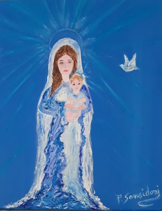 Painting titled "La vierge à l'enfant" by Patricia Sensidoni, Original Artwork, Oil Mounted on Wood Stretcher frame