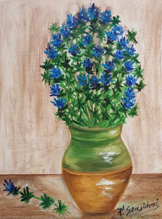 Painting titled "Bouquet  de bleuets" by Patricia Sensidoni, Original Artwork, Oil Mounted on Wood Stretcher frame