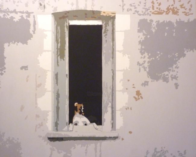 Peinture intitulée "Chien à sa fenêtre" par Patricia Herve, Œuvre d'art originale, Huile